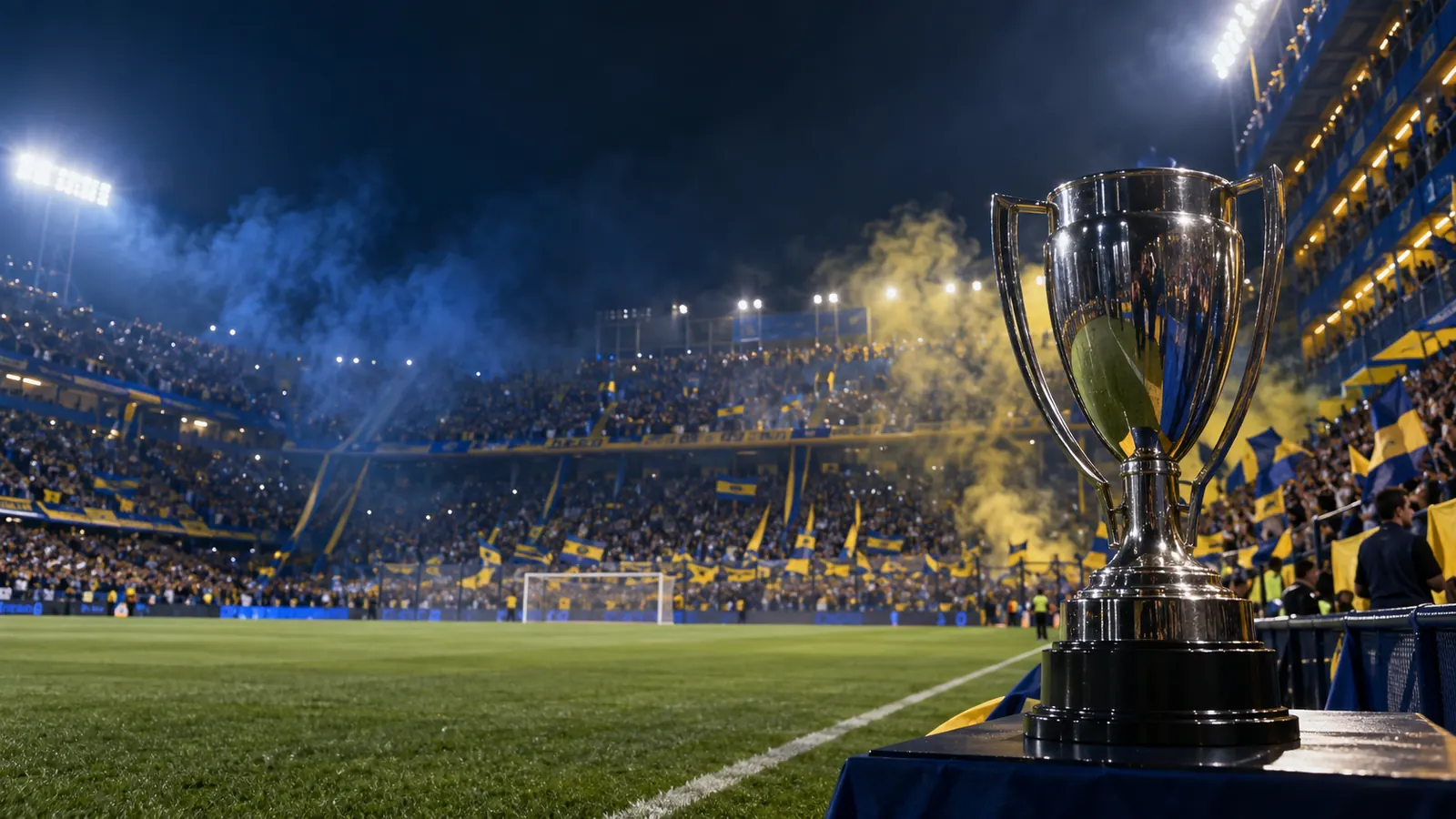 Ilustración de una copa sobre el césped de La Bombonera con la hinchada de fondo