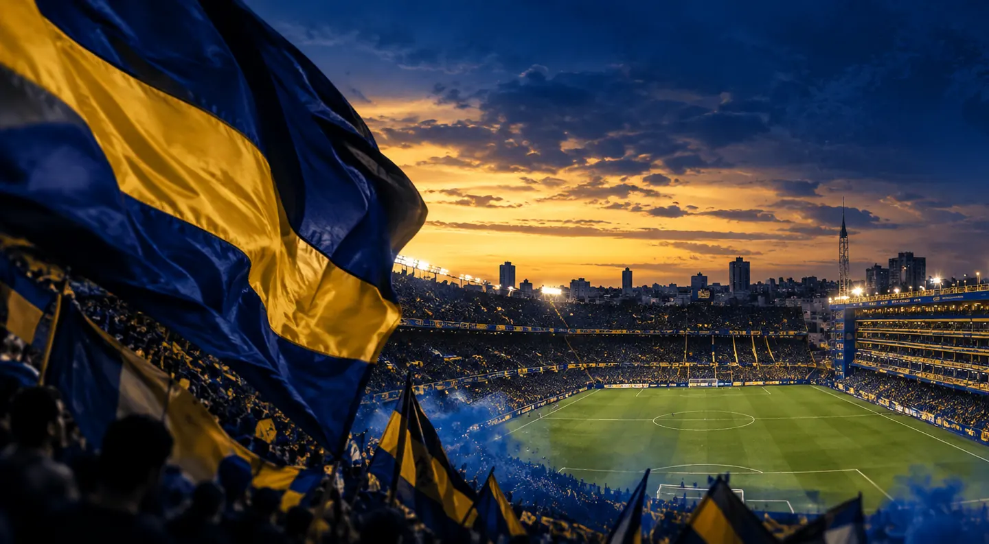 Ilustración de La Bombonera al atardecer antes de un partido, con banderas de Boca en la tribuna