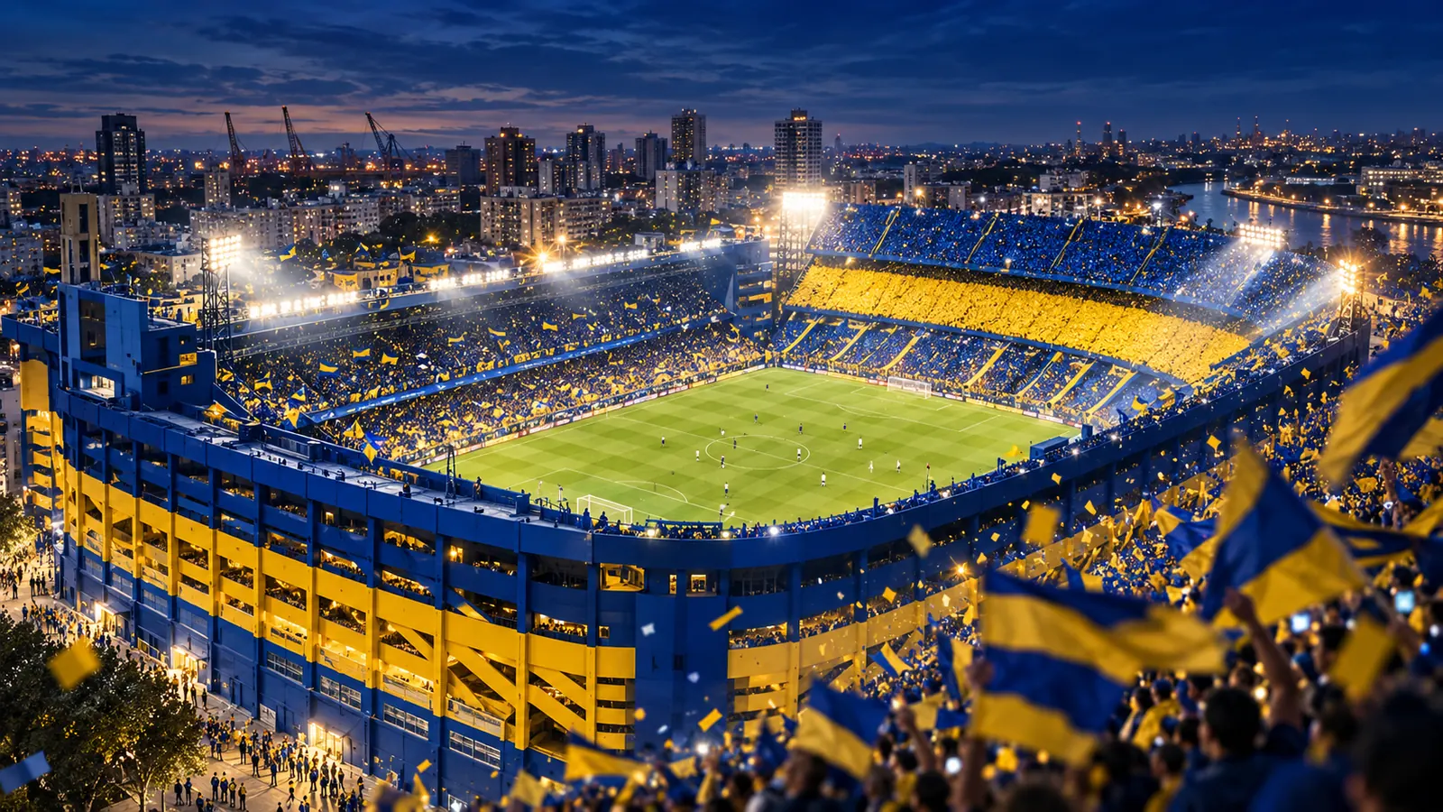 Ilustración de La Bombonera de noche vista desde el aire, con la hinchada de Boca y banderas azul y oro