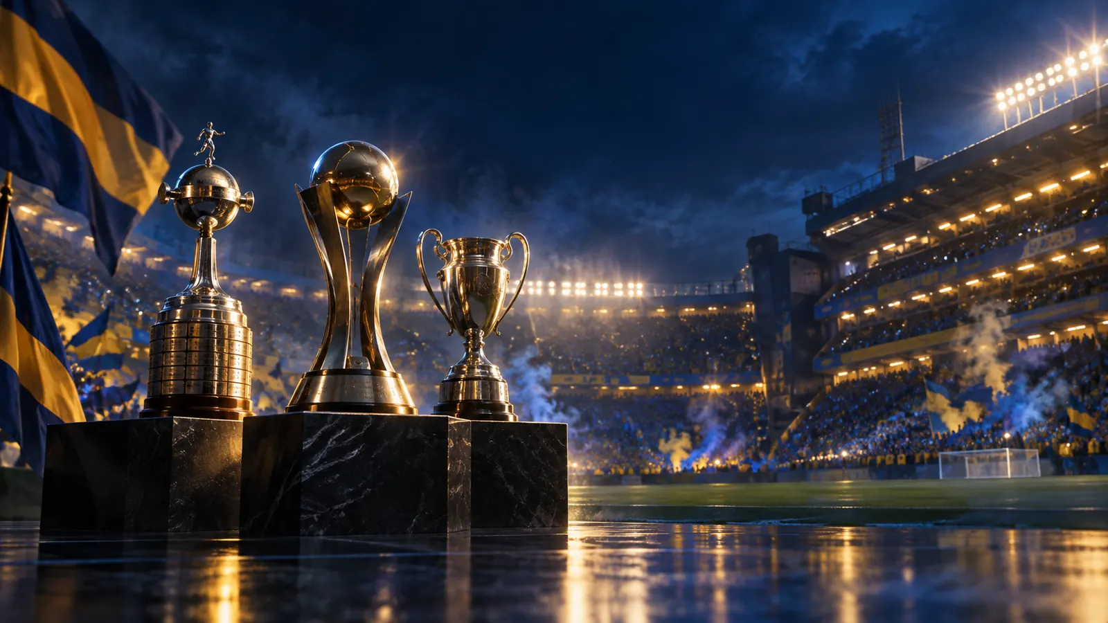 Ilustración de tres trofeos sobre pedestales en el campo de La Bombonera