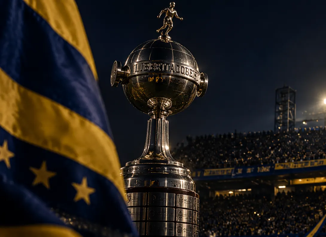 Ilustración del trofeo de la Copa Libertadores junto a una bandera azul y oro