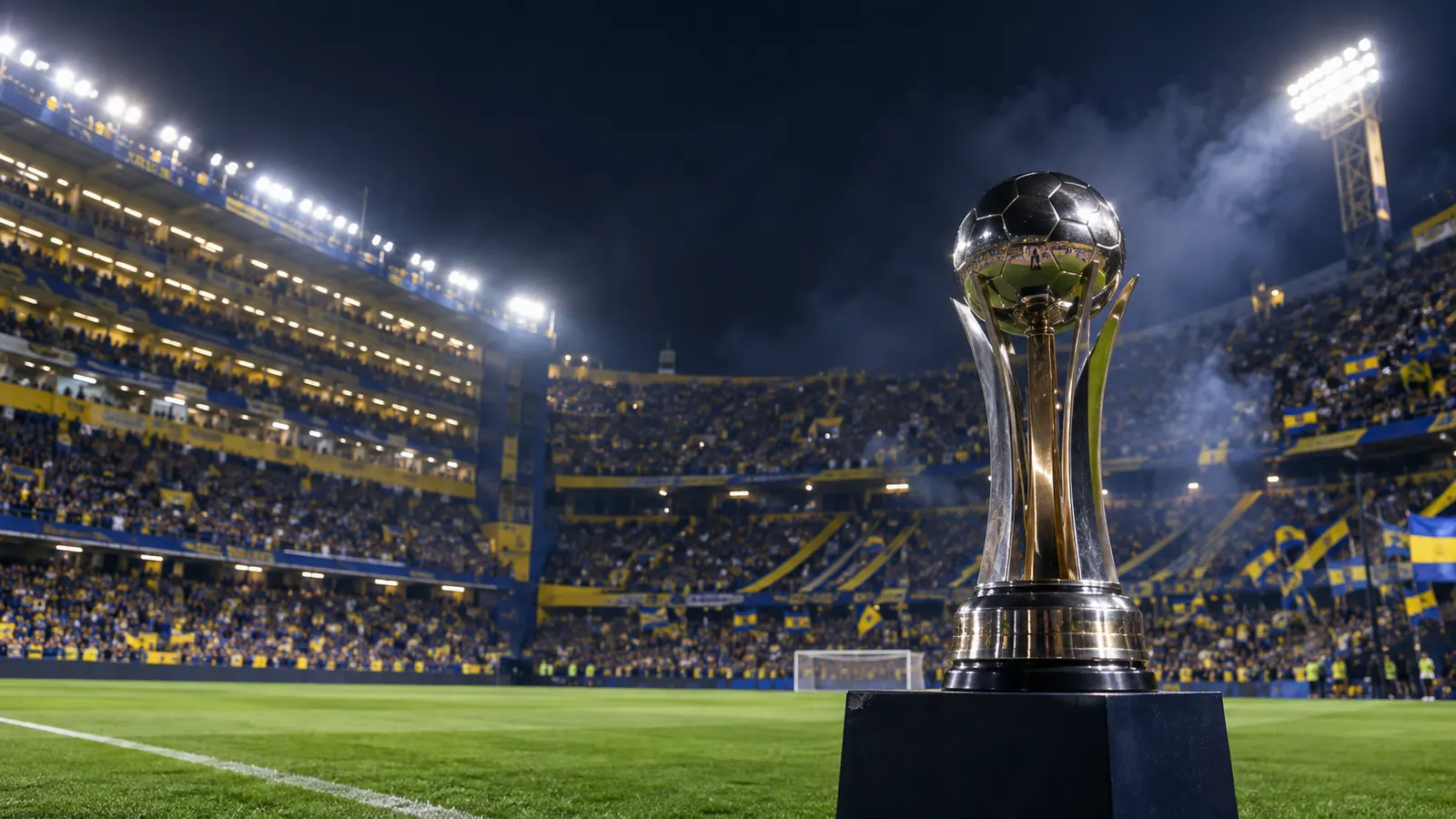 Ilustración de un trofeo sobre un pedestal al costado del campo de La Bombonera