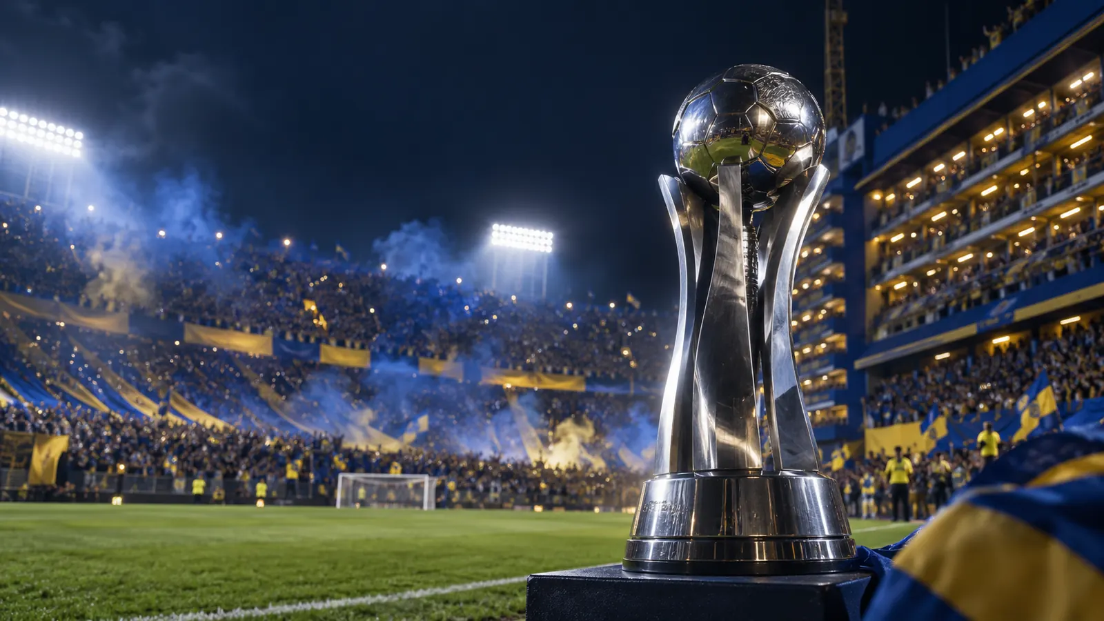 Ilustración de un trofeo con la hinchada de Boca y humo azul y amarillo de fondo