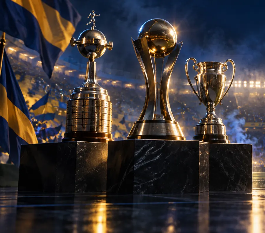Ilustración de trofeos sobre pedestales de mármol
