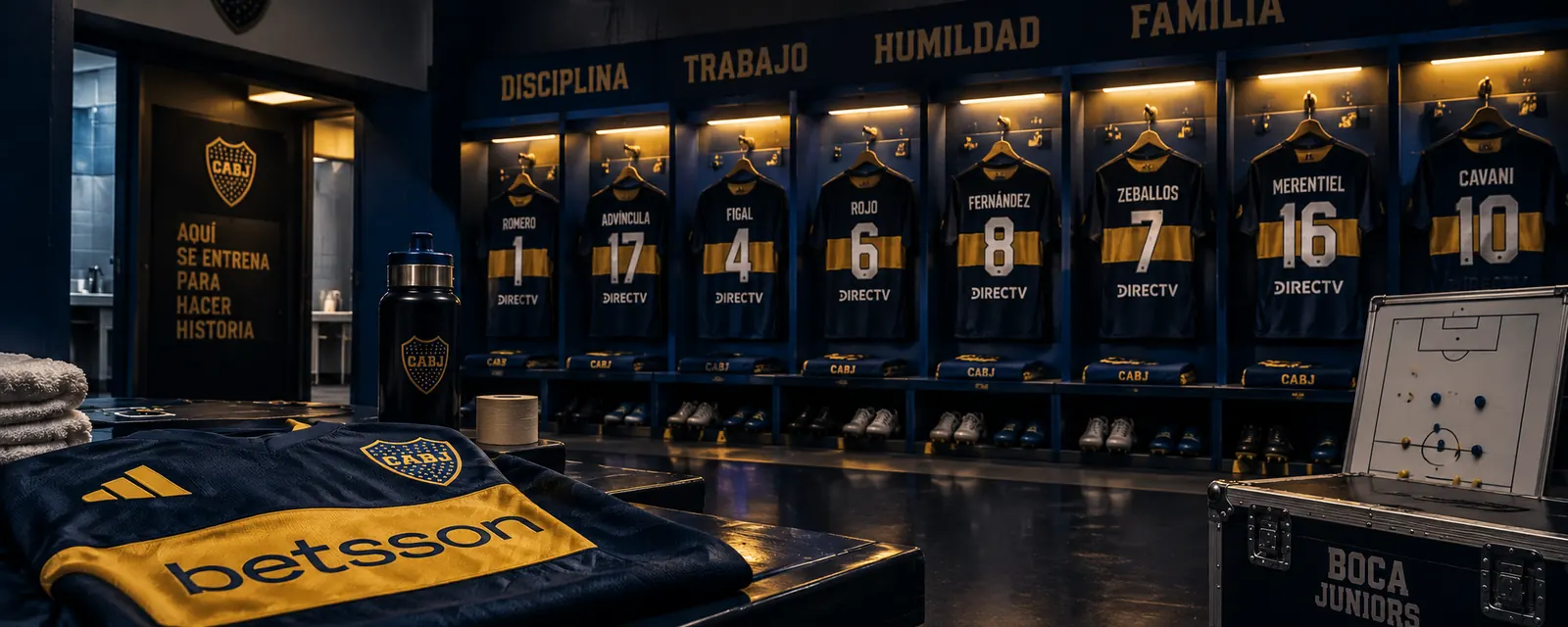 Ilustración del vestuario de Boca con las camisetas colgadas en los lockers